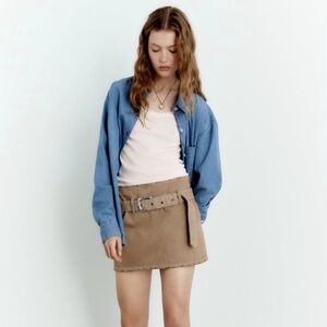 Tan Denim Skirt With Belt